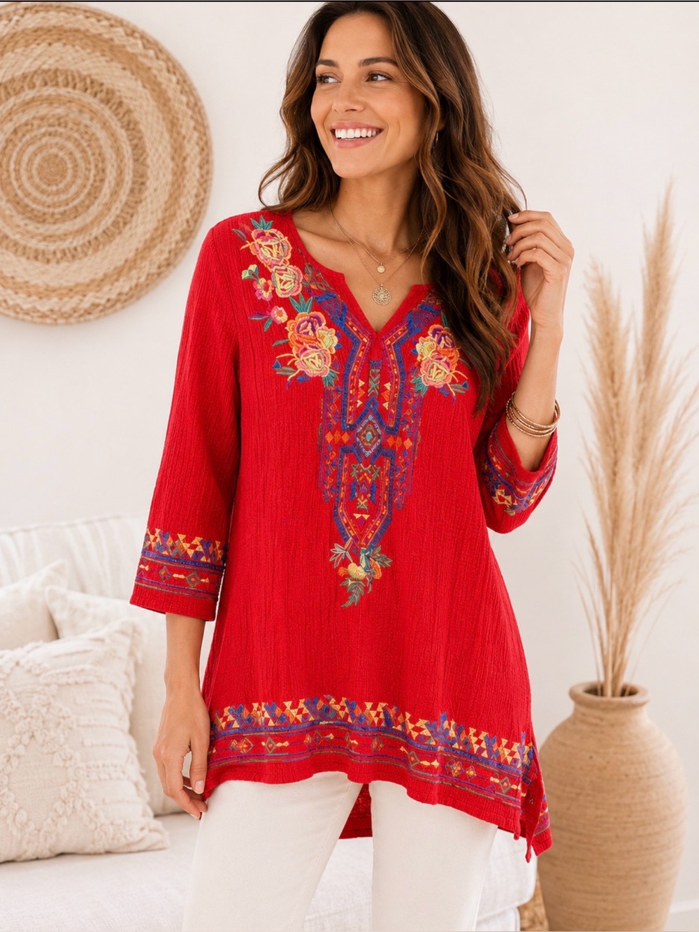 Calessa Medium Boho Embroidered Tunic Top/Dress Red Floral Peasant 3/4 Sleeve